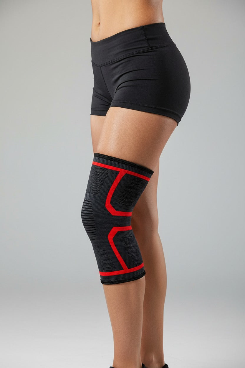 Red Bendwise Knee Sleeve worn on the knee, side view